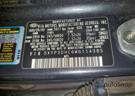 2021 Kia Telluride Ex z USA, uszkodzony, nr VIN 5XYP3DHC6MG114385